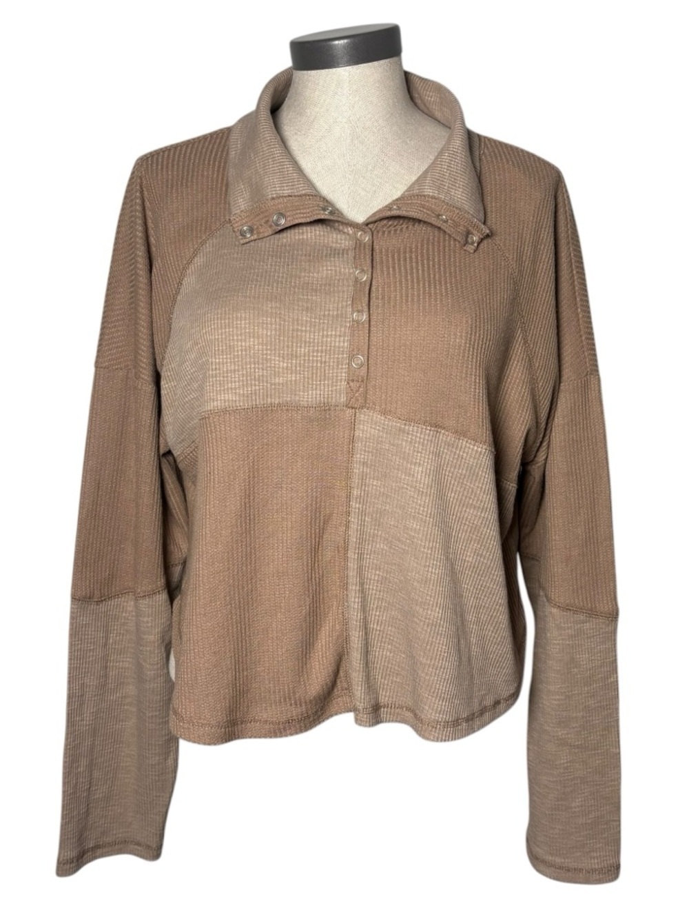 New In Brown Patchwork Waffle Knit Henley Collared Top L